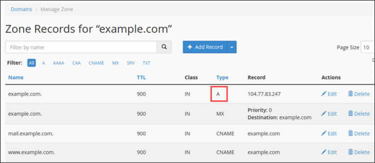رکورد را با برچسب A در ستون Type پیدا کنید